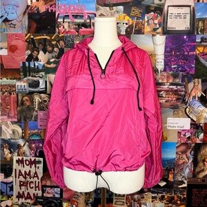 Pink windbreaker quarter zip jacket with hood